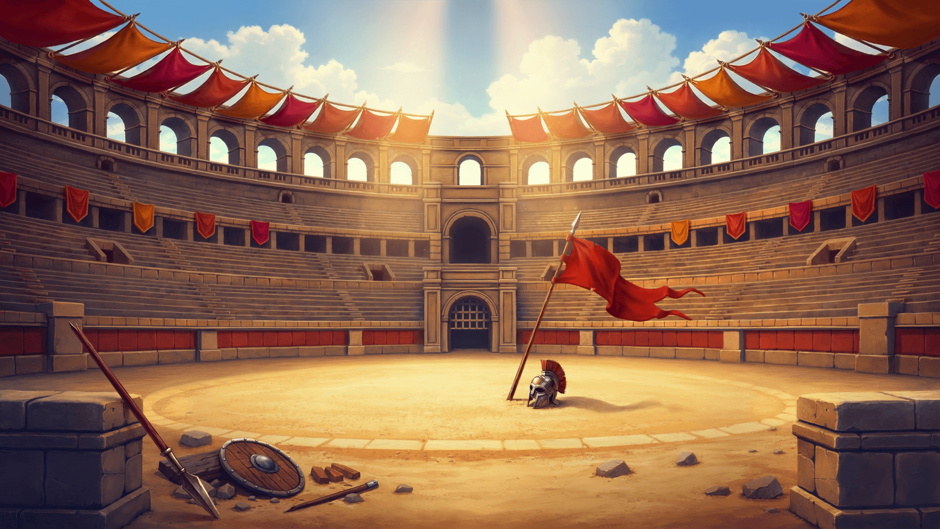 The sunlit Roman arena where Colosseum Legends is played